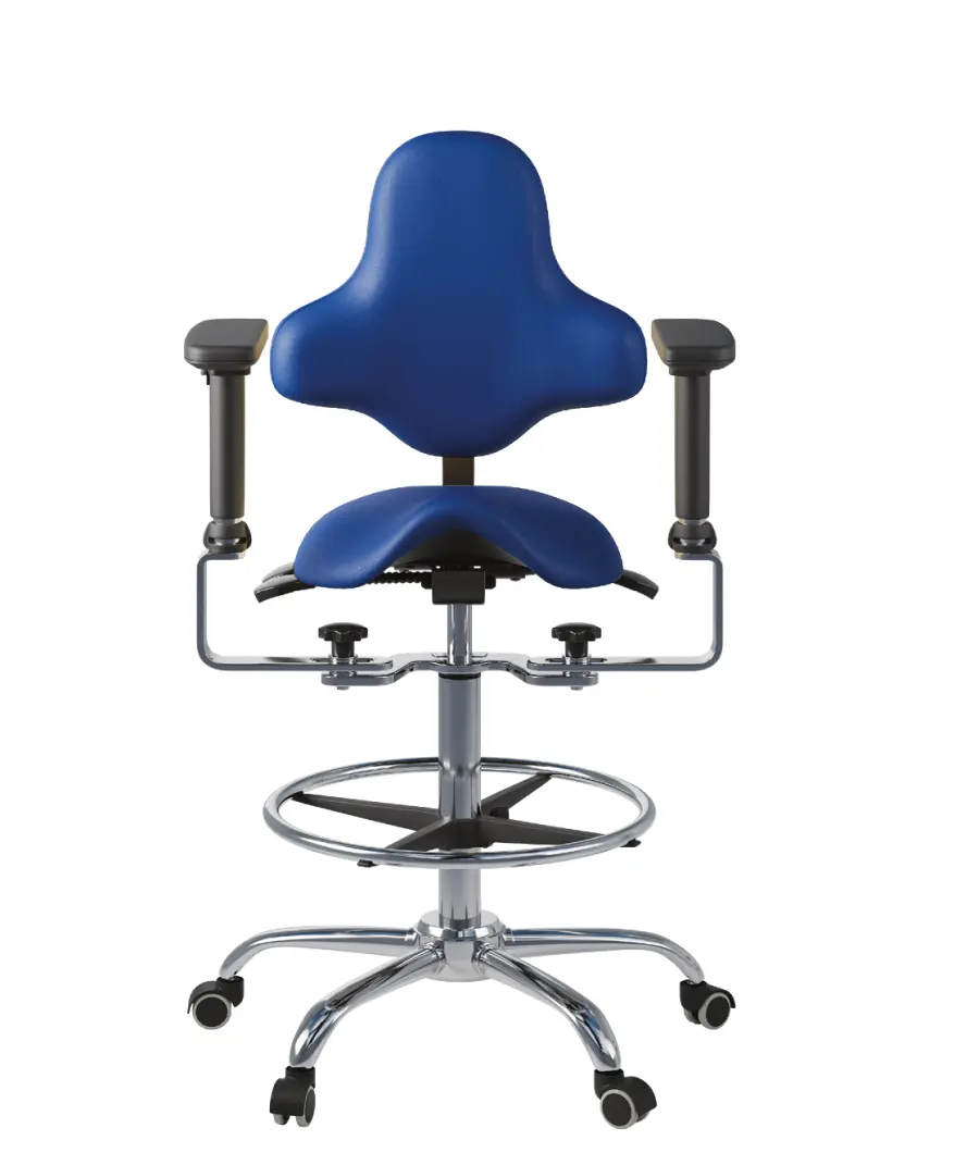 ERGODENS 21 židle lékařská, područky, kříž chrom, opěrný kruh na nohy, ekologická kůže tmavě modrá